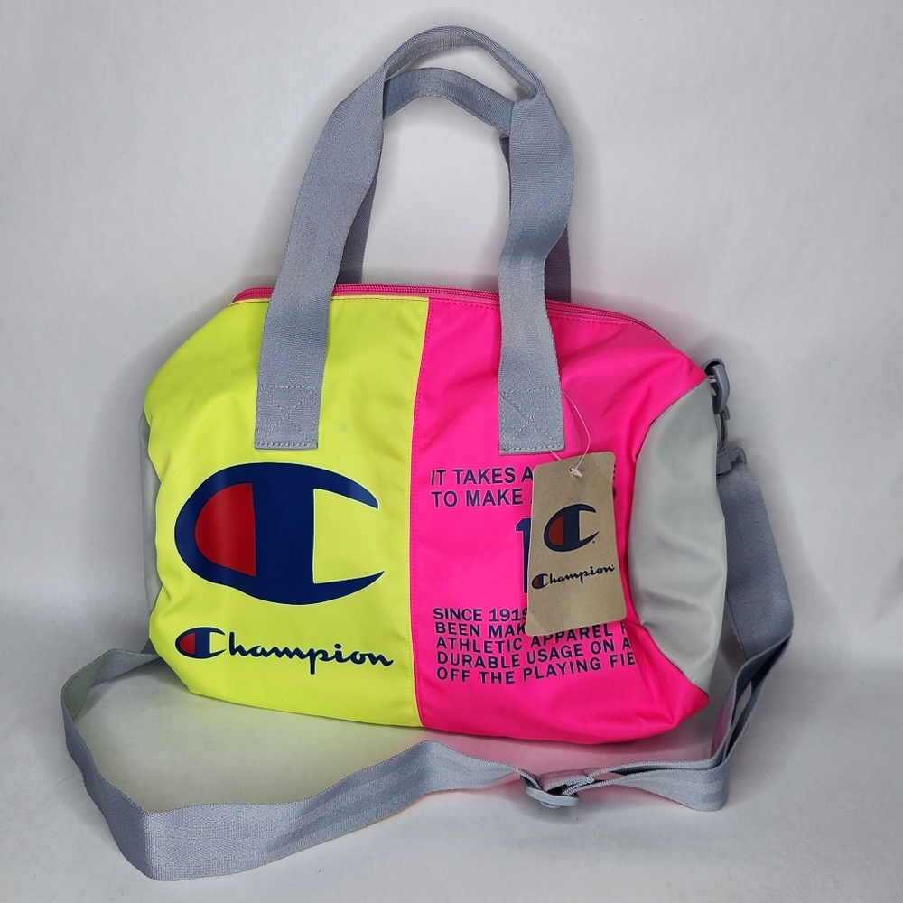 Champion Jock Tag Mini Duffel Bag Neon Pink Yellow NWT Gym Shoulder Bag